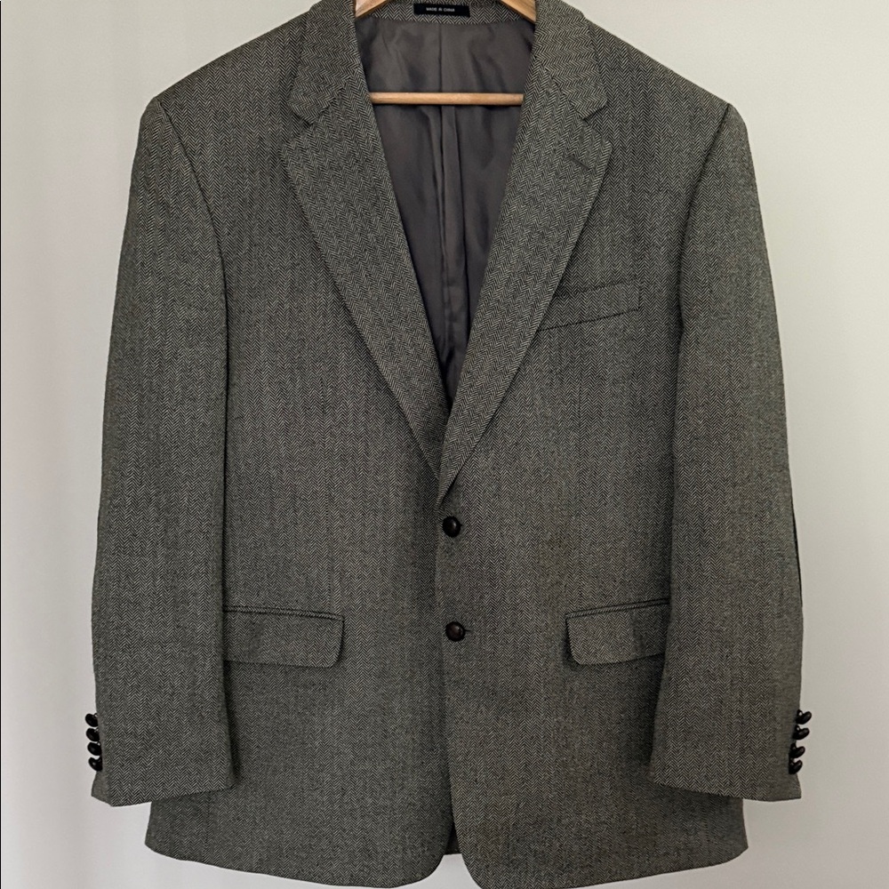 Ralph Lauren Blazer Sport Coat 46 R Herringbone Wool Elbow Patch Leather Buttons